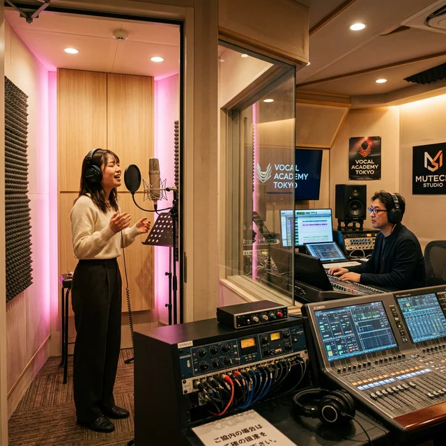 プロ品質のボーカルスタジオでのマンツーマンレッスン風景