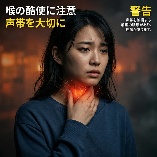 喉の痛みに悩む女性 - 独学ボイトレのリスクを警告するイメージ