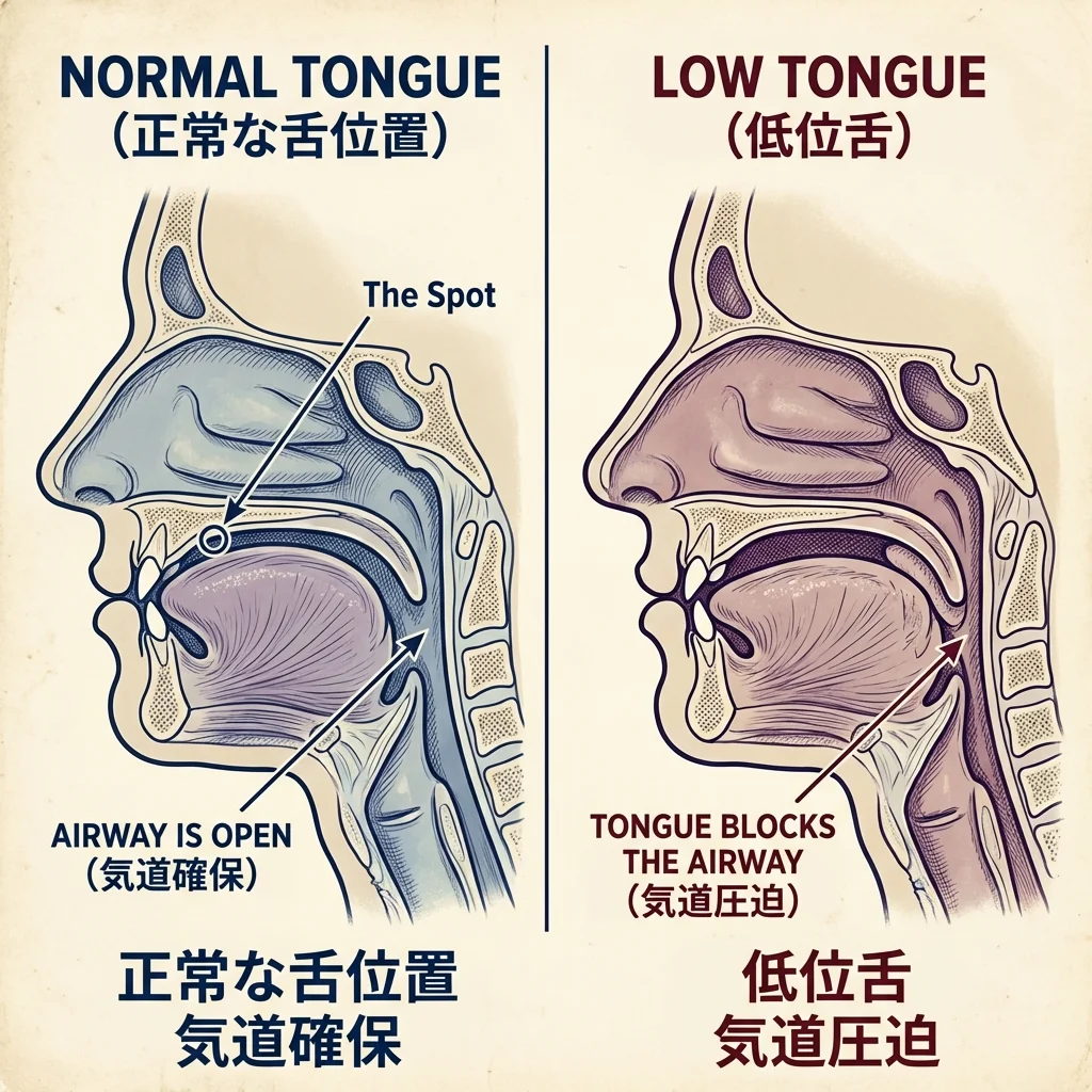 正常な舌の位置と低位舌の解剖図比較