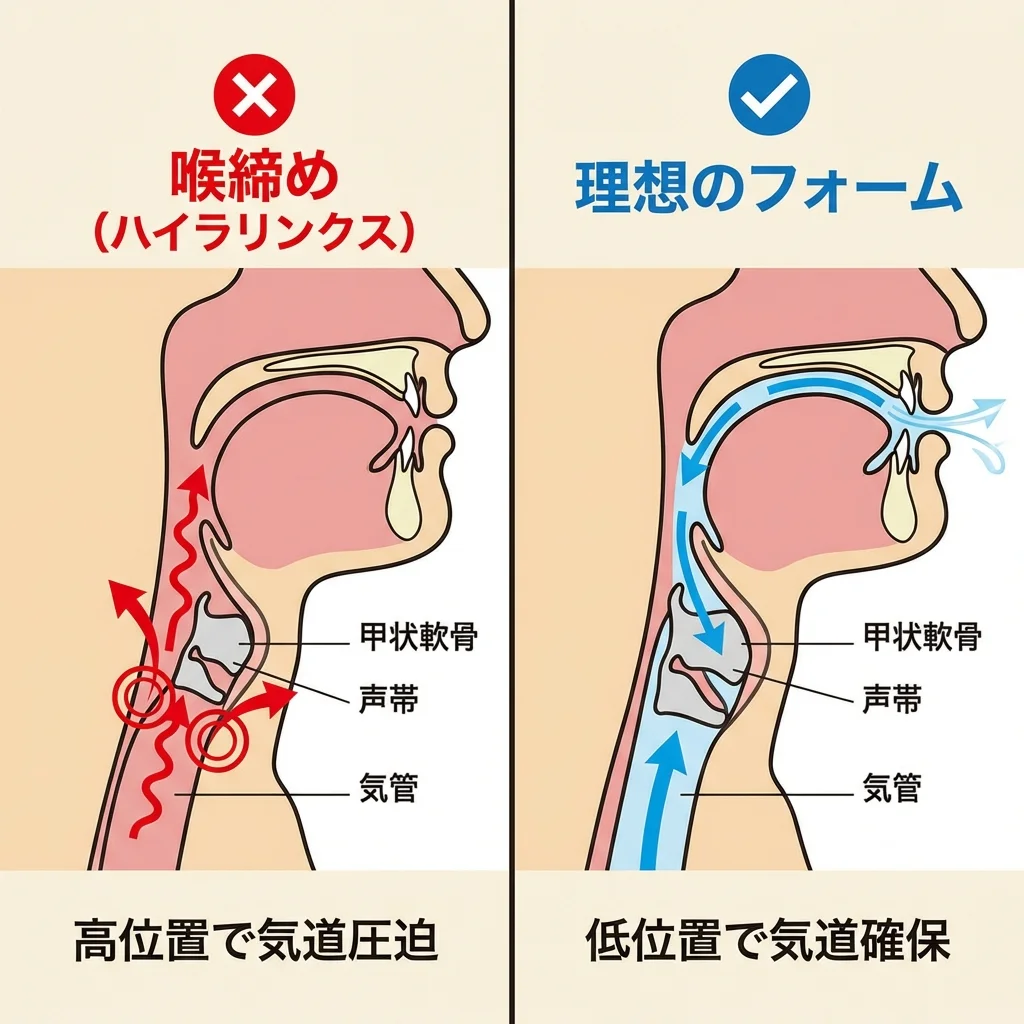 ハイラリンクス（喉締め）と理想的な発声フォームの喉の断面図比較