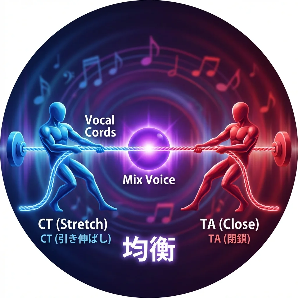 ミックスボイスのイメージ：地声と裏声の筋肉が綱引きで均衡している状態