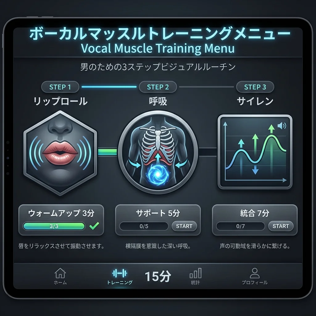 男性向けボイストレーニングメニュー：リップロール3分、呼吸5分、サイレン7分
