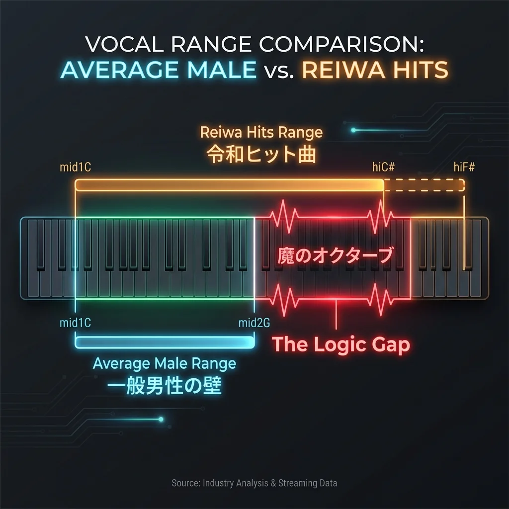 男性の平均音域と令和ヒット曲（髭男・King Gnu）の音域比較チャート