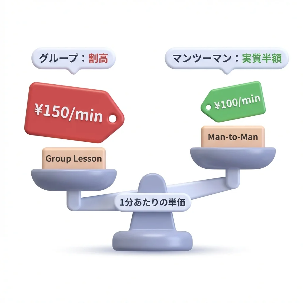 マンツーマンとグループレッスンの1分あたり単価の比較