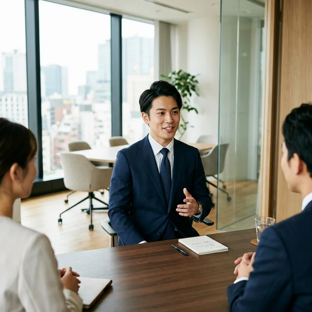 面接で自信を持って話す日本人の若手ビジネスパーソン
