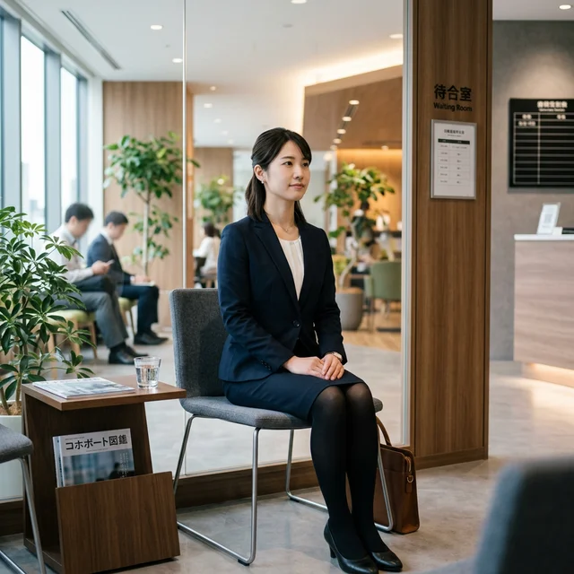 面接待合室で正しい姿勢で座る日本人の若手ビジネスパーソン