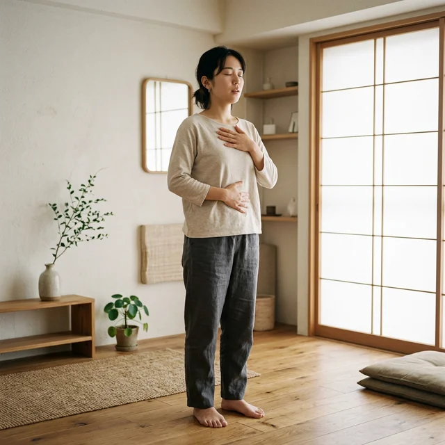 腹式呼吸の練習をする日本人女性