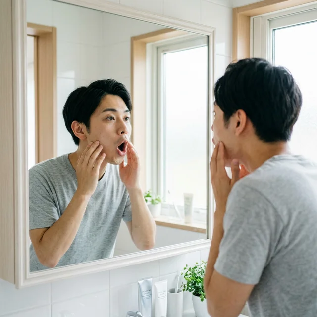 表情筋ストレッチをする日本人男性