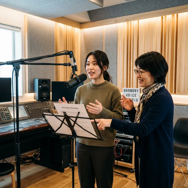 ボイストレーニングレッスンを受ける日本人の若手プロフェッショナル