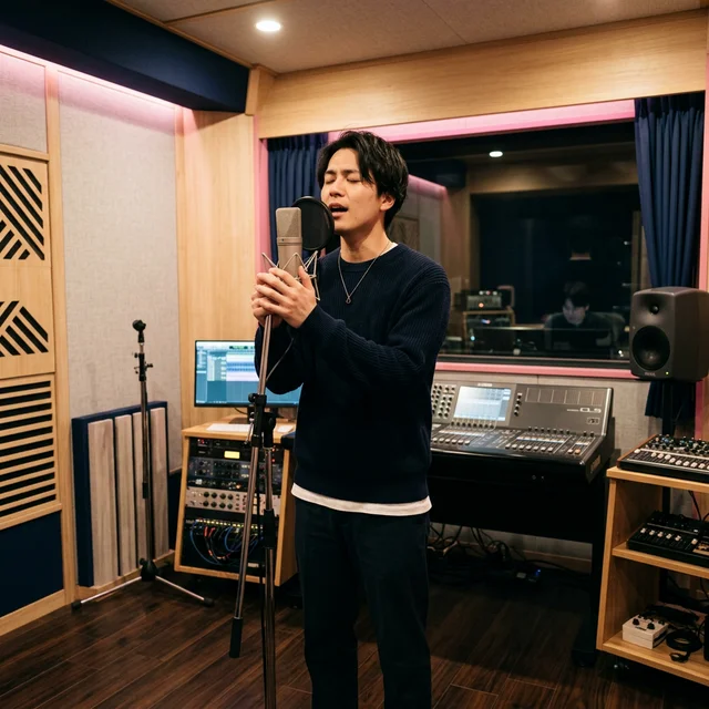 マイクの前でボイストレーニングに集中する日本人男性