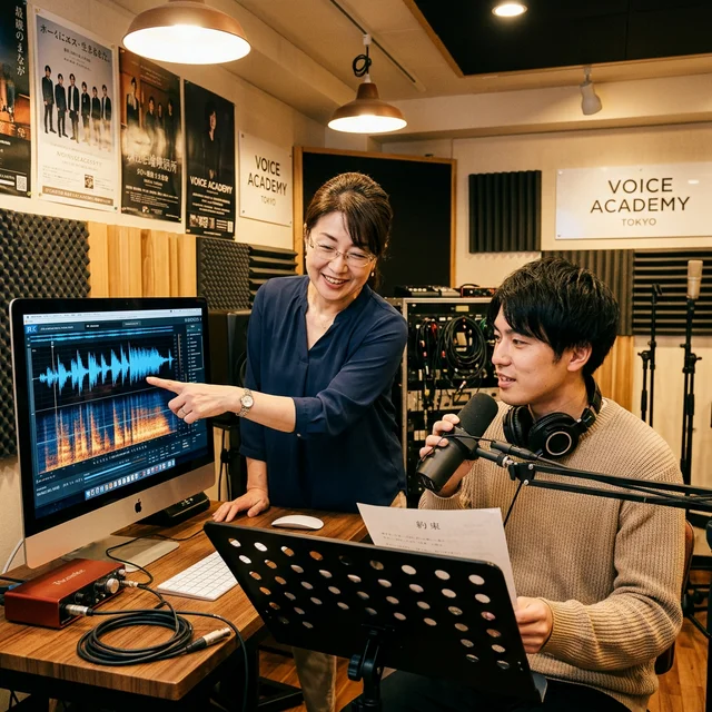 マンツーマンボイストレーニングの様子：講師が音声データを分析中