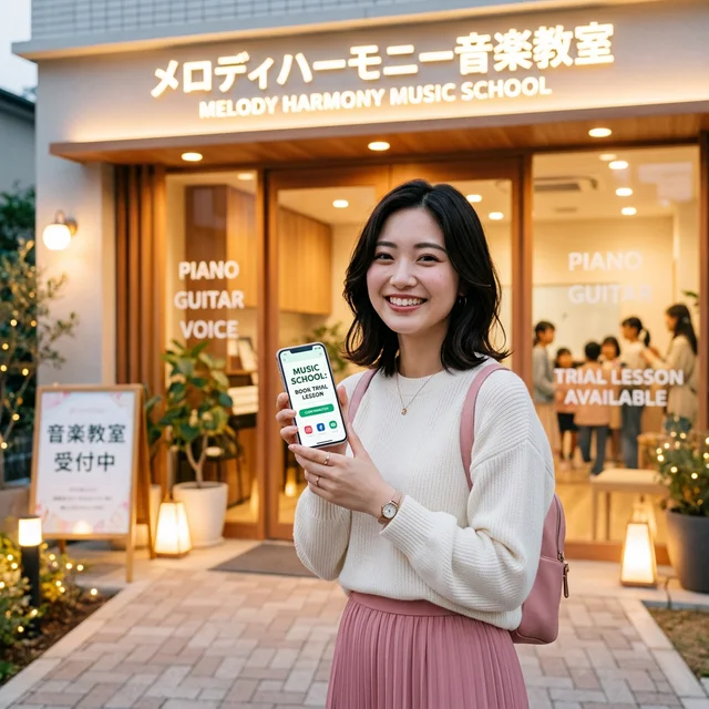 笑顔でスマートフォンを持つ日本人：体験レッスンの予約イメージ