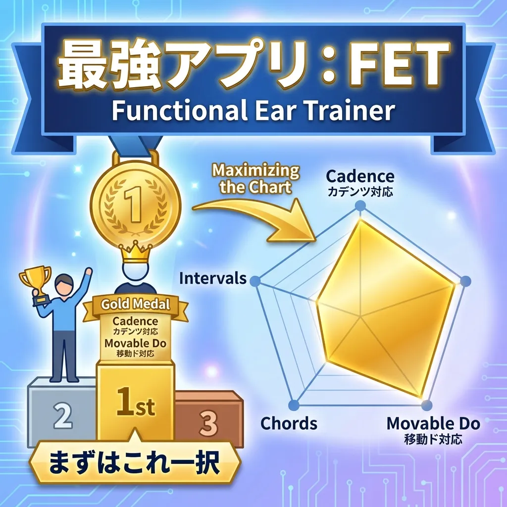 最強アプリ比較チャート：Functional Ear Trainerがカデンツ対応と移動ド対応で圧倒的1位