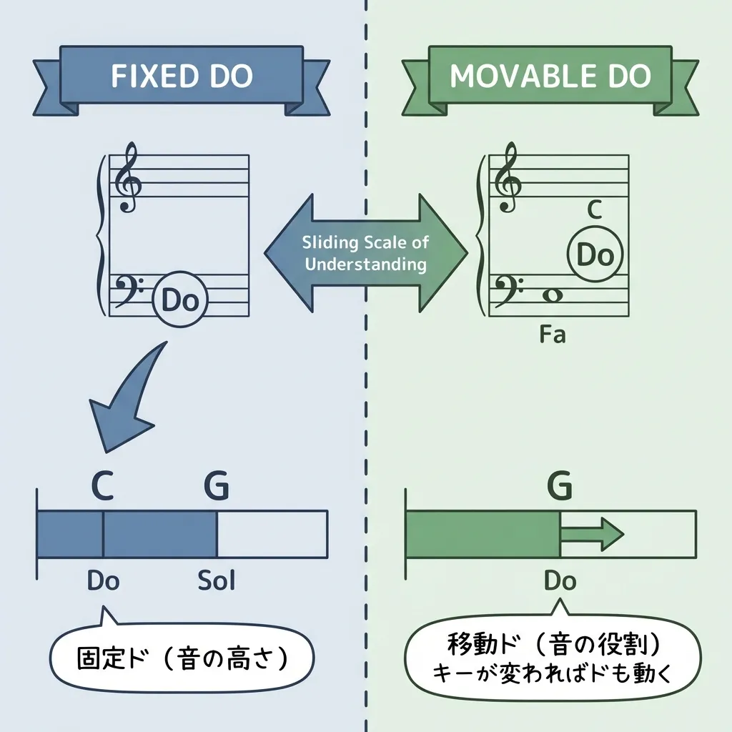 固定ド（絶対的な高さ）と移動ド（相対的な役割）の違いをスライディングスケールで比較した図解