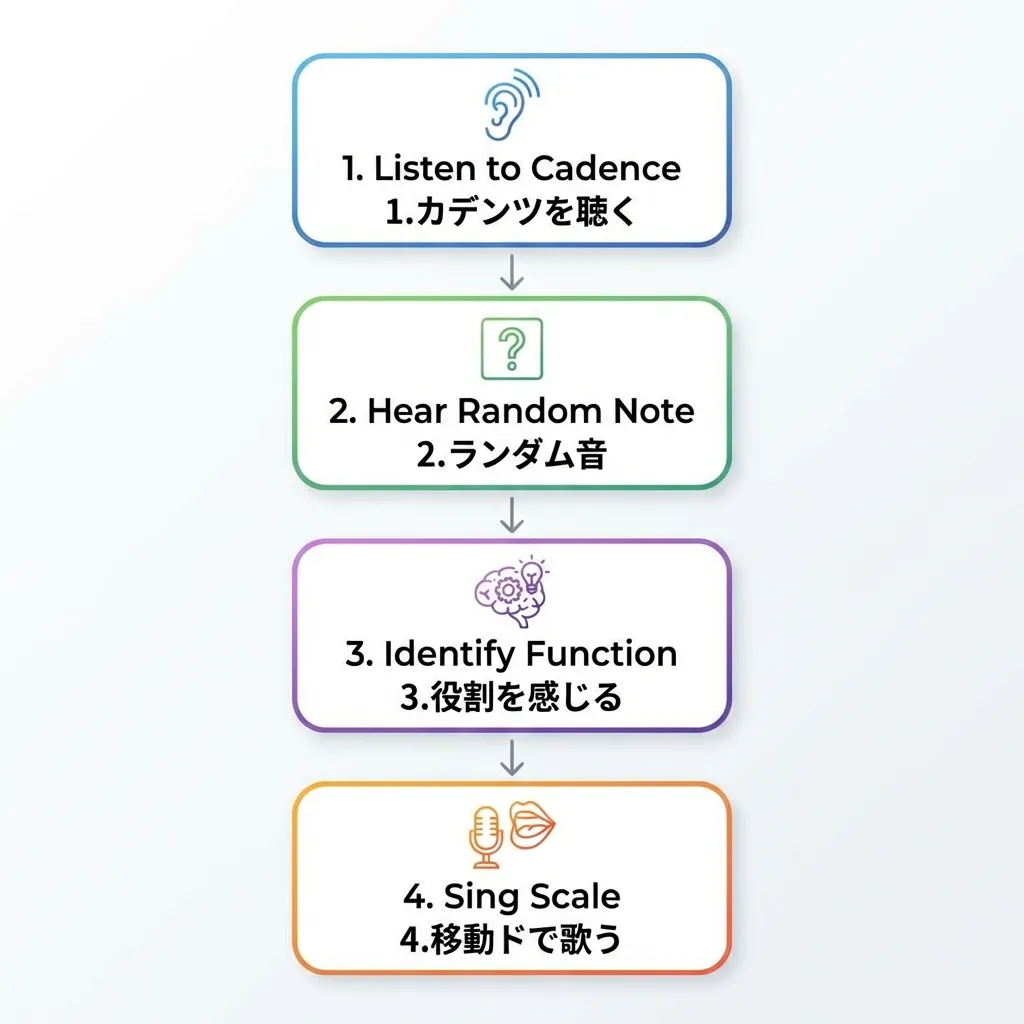 正しい音感トレーニングのフロー：1.カデンツ聴取→2.ランダム音→3.機能判断→4.移動ド歌唱