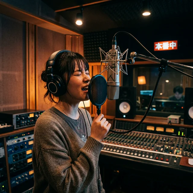レコーディングスタジオでマイクに向かって歌う日本人
