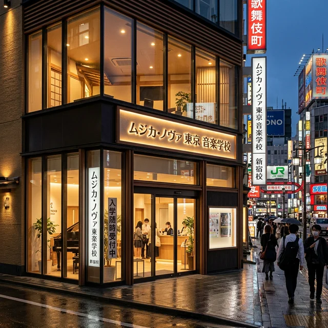 ナユタス新宿西口校の外観と新宿の都市風景