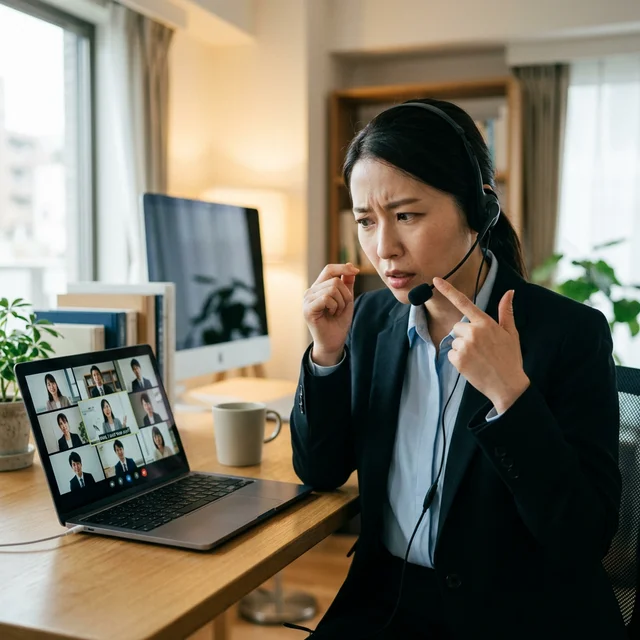 オンライン会議で声が聞こえないと言われて困っているビジネスパーソン