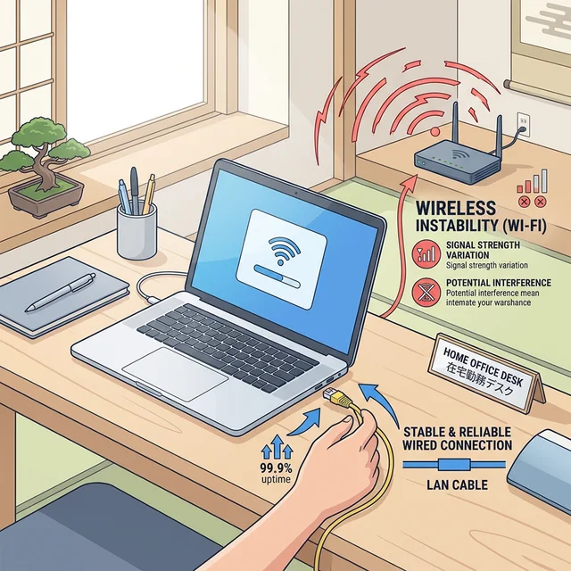 有線LANケーブルを接続してネットワーク環境を改善する様子