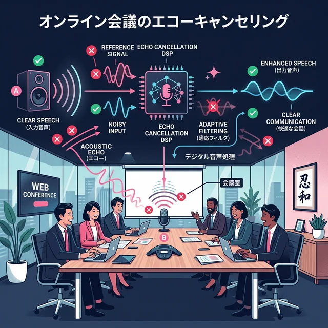 エコーキャンセラーとノイズキャンセリングの音声処理イメージ