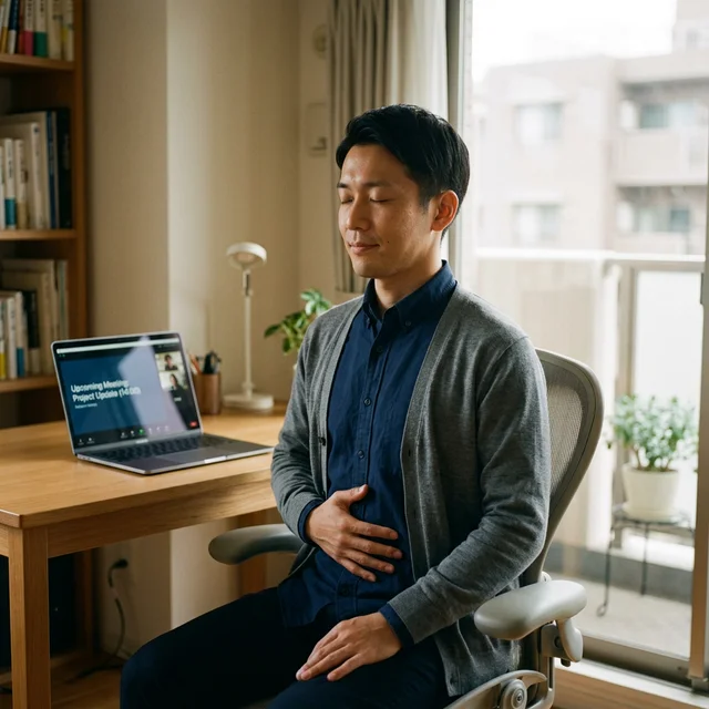 腹式呼吸トレーニングの練習をする日本人ビジネスパーソン