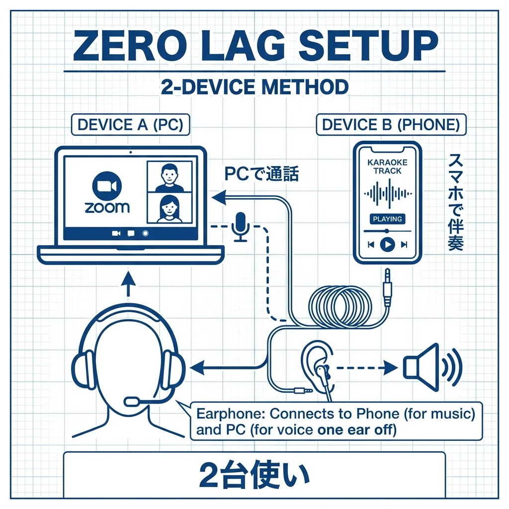 2台使いメソッド：PCで通話、スマホで伴奏再生を分けることでラグを完全に回避する方法
