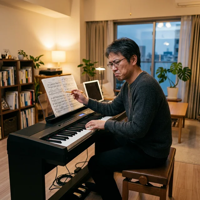 大人がピアノの前で挫折しそうな表情で楽譜を見ている様子