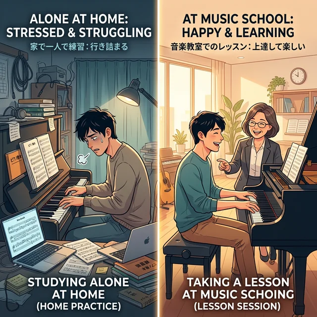 独学と教室のピアノレッスンを比較するイメージ