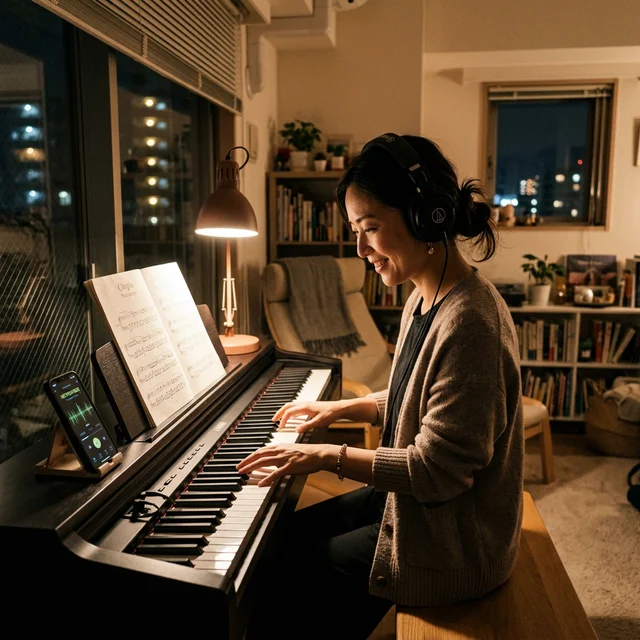 夜にヘッドホンをつけて電子ピアノを練習する大人の女性