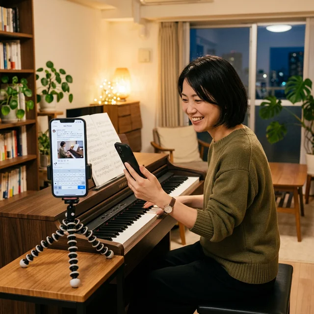 SNSでピアノ練習を投稿し仲間と交流する様子