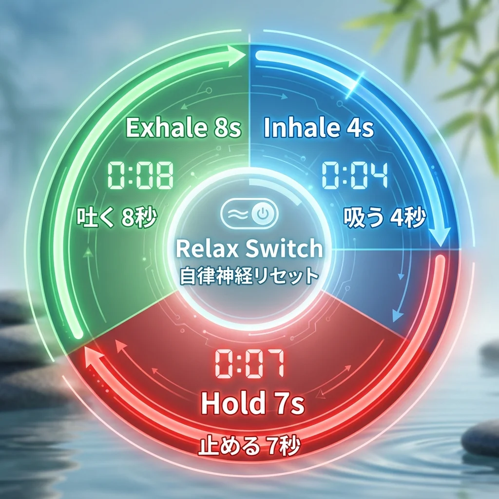 4-7-8呼吸法のサイクル図：4秒吸う、7秒止める、8秒吐く（自律神経リセットスイッチ）