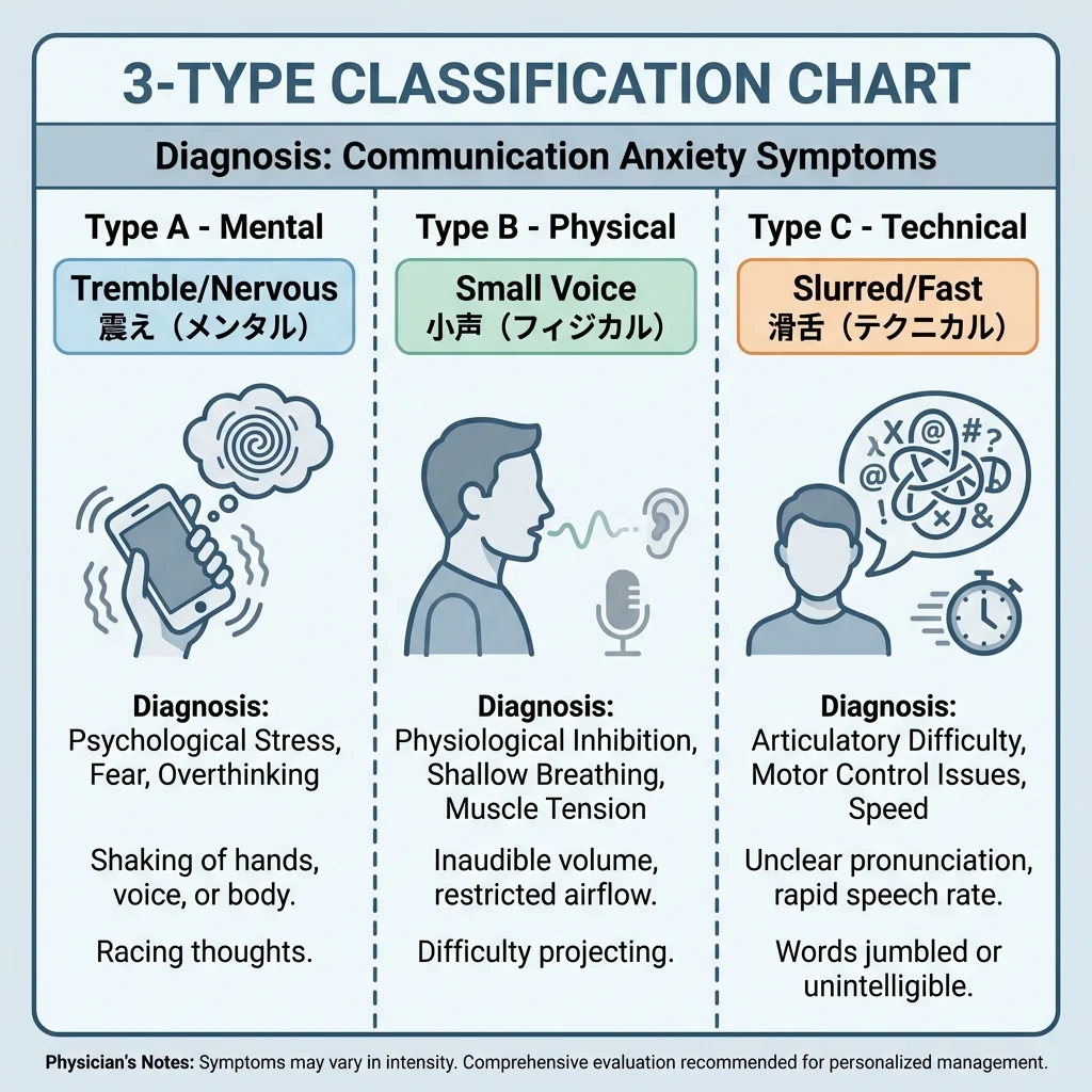 声の震え（メンタル）・小声（フィジカル）・滑舌（テクニカル）の3タイプ診断チャート