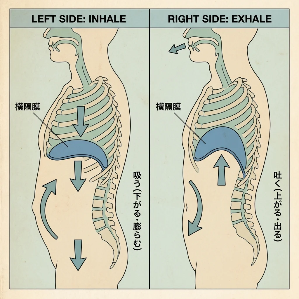 腹式呼吸のメカニズム解剖図：吸うと横隔膜が下がりお腹が膨らみ、吐くと横隔膜が上がり空気が押し出される
