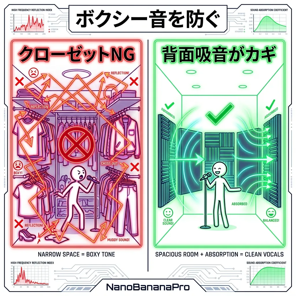 クローゼット録音のNG例と背面吸音の正しい配置図