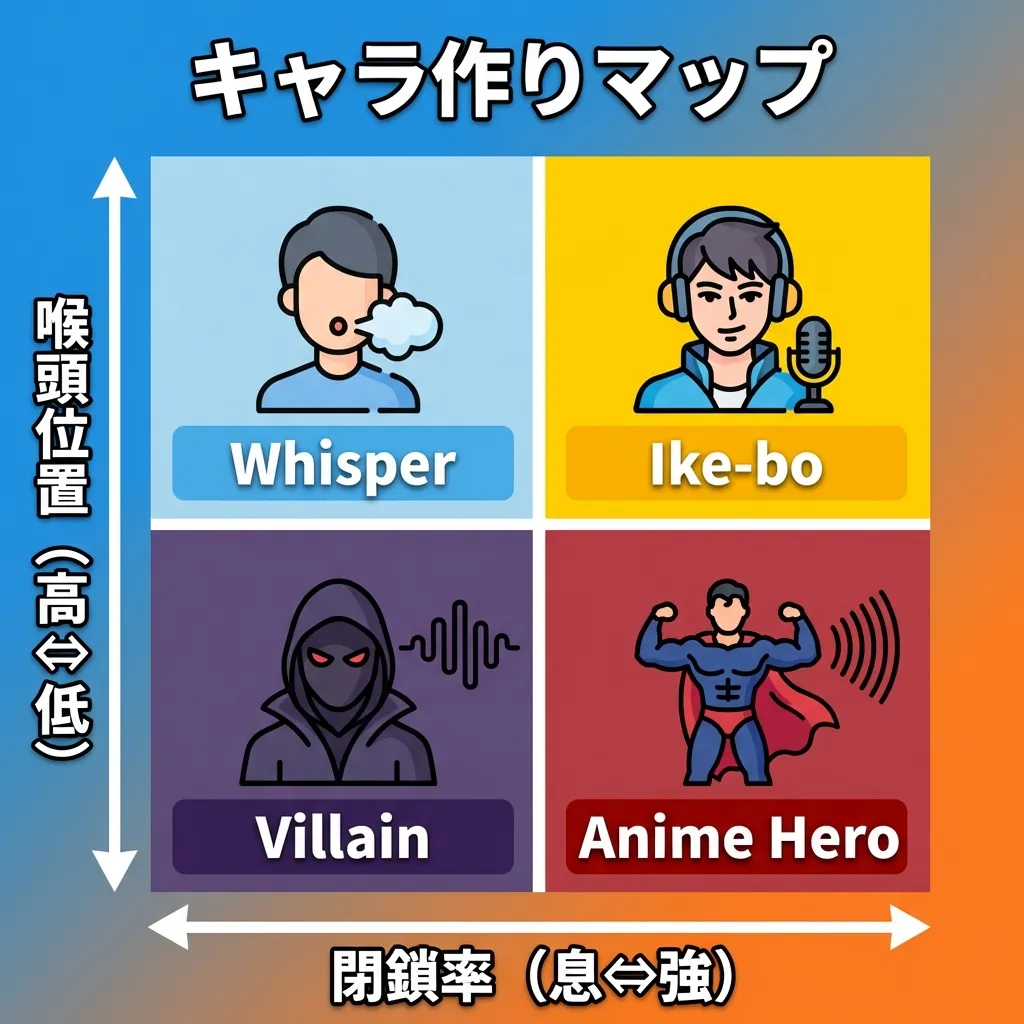 キャラ作りマップ：喉頭位置と閉鎖率で分類するウィスパー・イケボ・アニメヒーロー・悪役の4象限