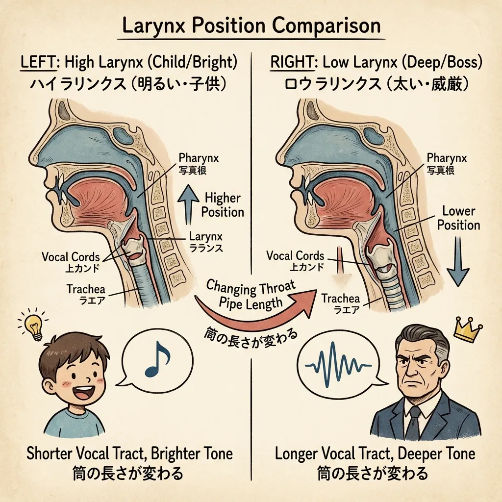 ハイラリンクス（子供・明るい）とロウラリンクス（威厳・太い）の喉頭位置と声道長の比較図
