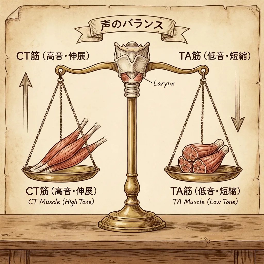 声のバランス：CT筋（高音・伸展）とTA筋（低音・短縮）のシーソー関係図