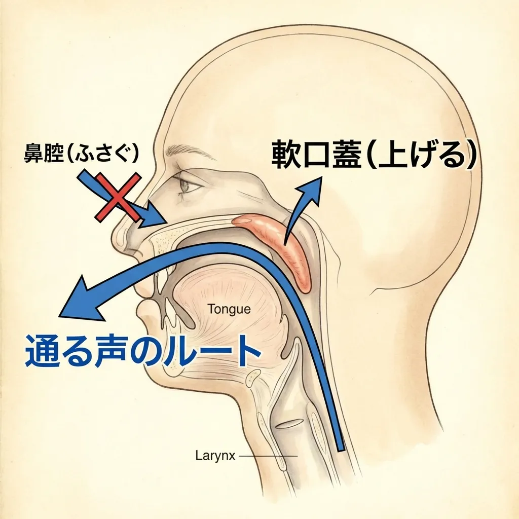 軟口蓋を上げて鼻腔へのルートを塞ぎ、口腔へ声を流す解剖図