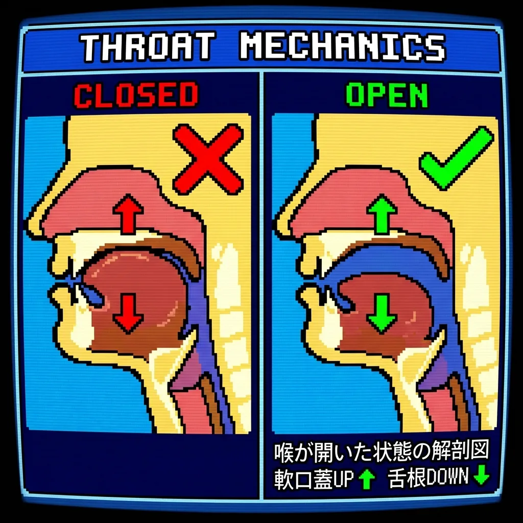 喉が開いた状態の解剖図：軟口蓋が上がり、舌根が下がった理想的な状態
