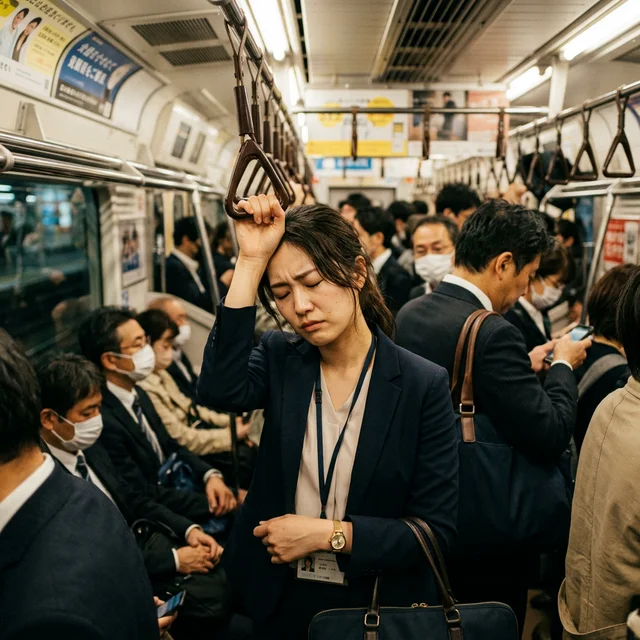 通勤電車でストレスを抱える日本人女性のイメージ