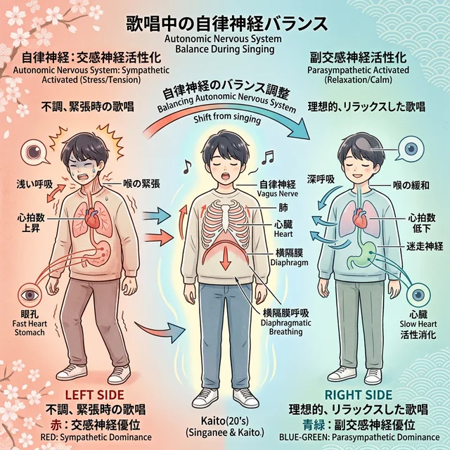 歌唱時の自律神経バランスの変化を示す科学的イラスト