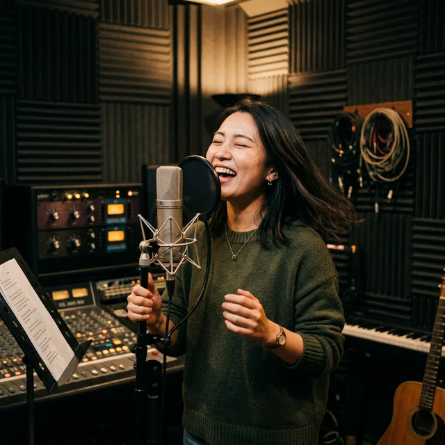 防音スタジオで楽しそうに歌う日本人女性