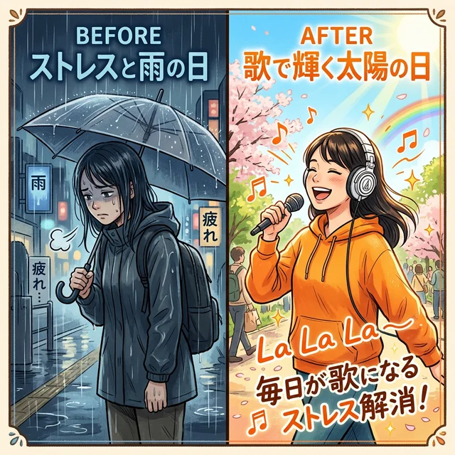 ストレスから解放されて歌を楽しむビフォーアフターのイメージ
