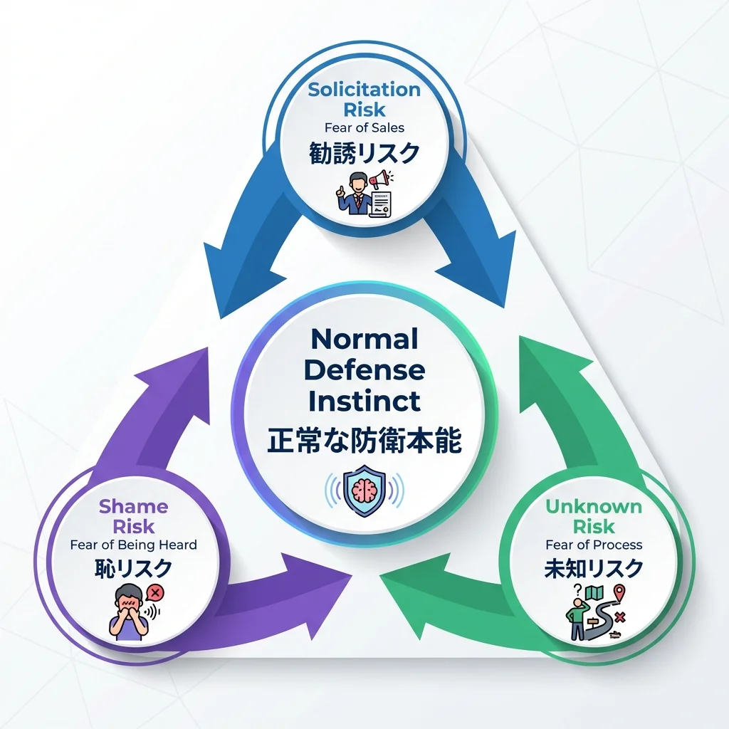 無料体験の3つの恐怖（勧誘・羞恥・未知）を示すトライアングル図