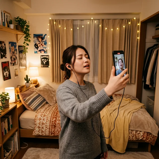 スマホで歌ってみた動画を録音する若い女性