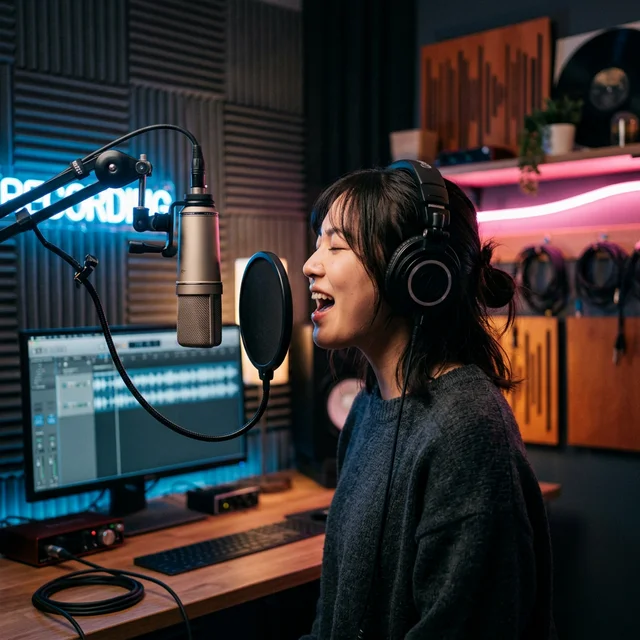 コンデンサーマイクの前で歌う日本人の横顔