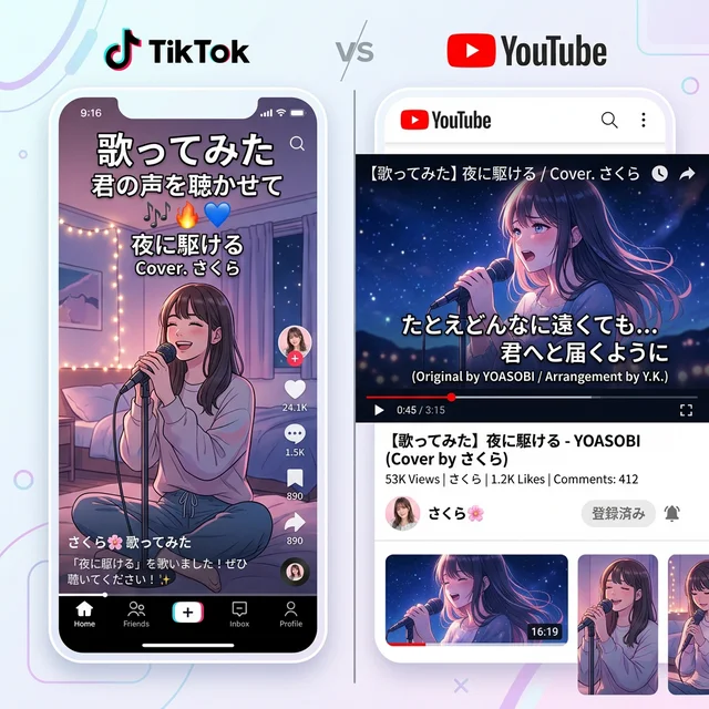 TikTok縦型動画とYouTube横型動画の比較イメージ