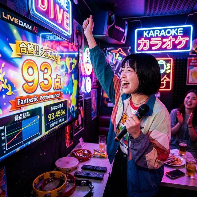 カラオケ採点画面で90点超えを達成して喜ぶ瞬間