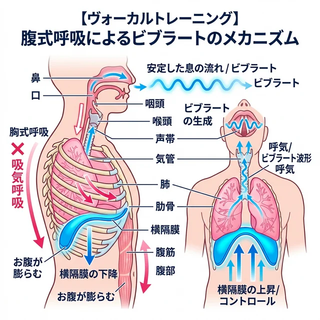 横隔膜ビブラートの腹式呼吸メカニズム図解