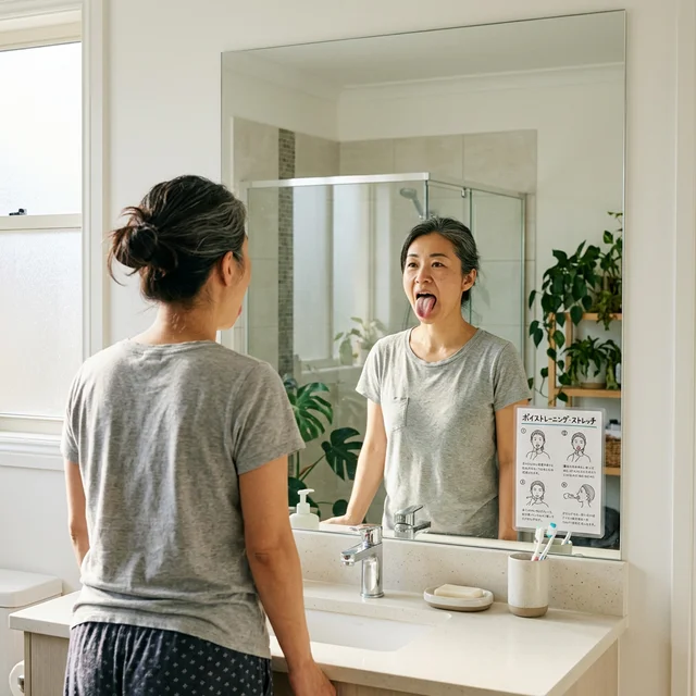 鏡の前で舌のトレーニングを実践する40代の日本人女性